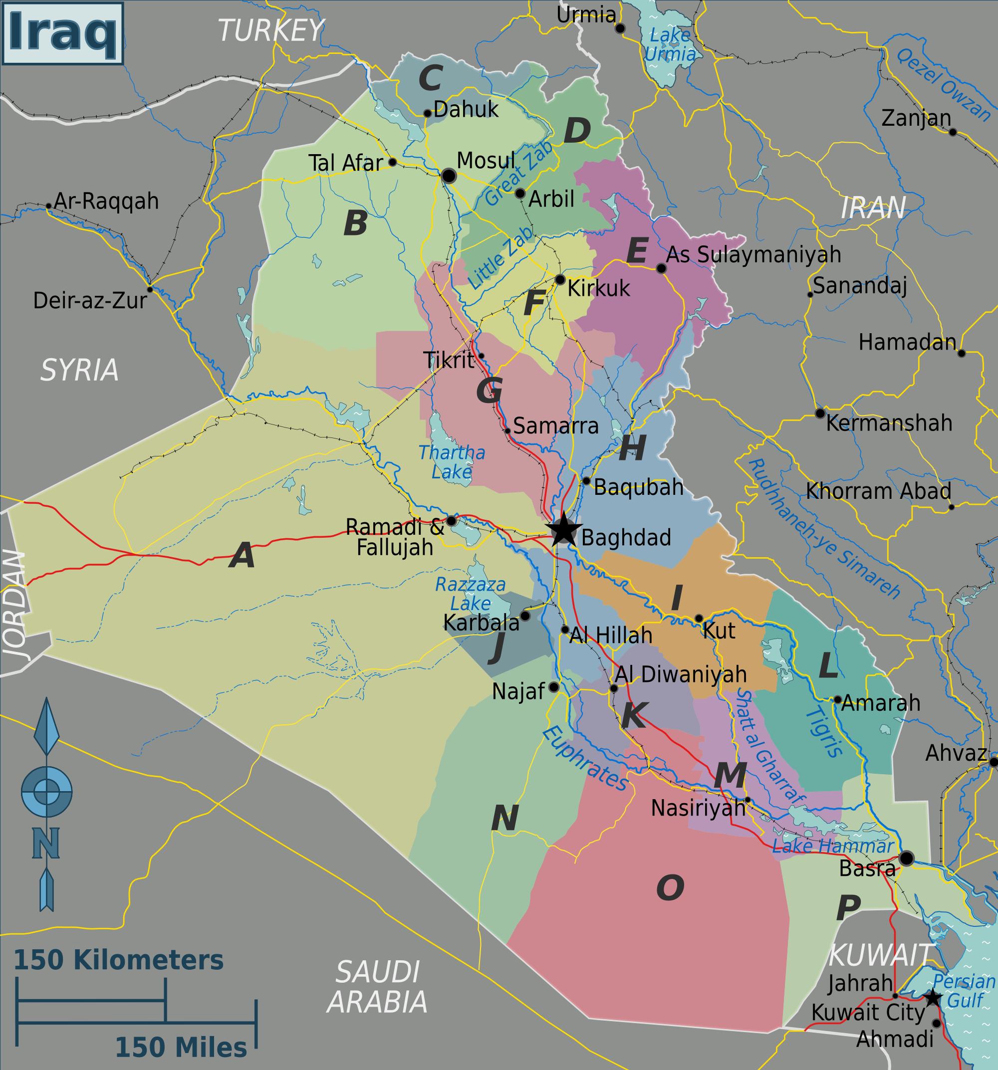 Irak regije zemljevid - Karta Iraka regije (Zahodna Azija - Azija)